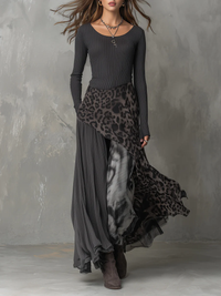 Johanna | Damen Leopardenmuster Lässiges Maxikleid in Dunkelgrau