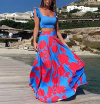 Damen Zweiteiler Bedruckt Maxi Sommerkleid in Rot