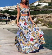 Damen Zweiteiler Bedruckt Maxi Sommerkleid in Blau