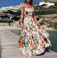 Damen Zweiteiler Bedruckt Maxi Sommerkleid in Beige