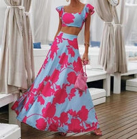 Damen Zweiteiler Bedruckt Maxi Sommerkleid in Rosa