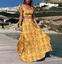 Damen Zweiteiler Bedruckt Maxi Sommerkleid in Gelb