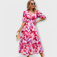 Abstraktes Maxi-Kleid mit Puffärmeln in Rot