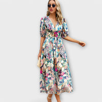 Abstraktes Maxi-Kleid mit Puffärmeln in Grün