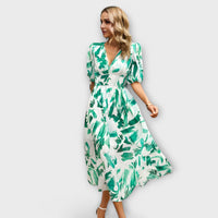 Maxikleid mit Ballonärmeln im abstrakten Design in Dunkelblau