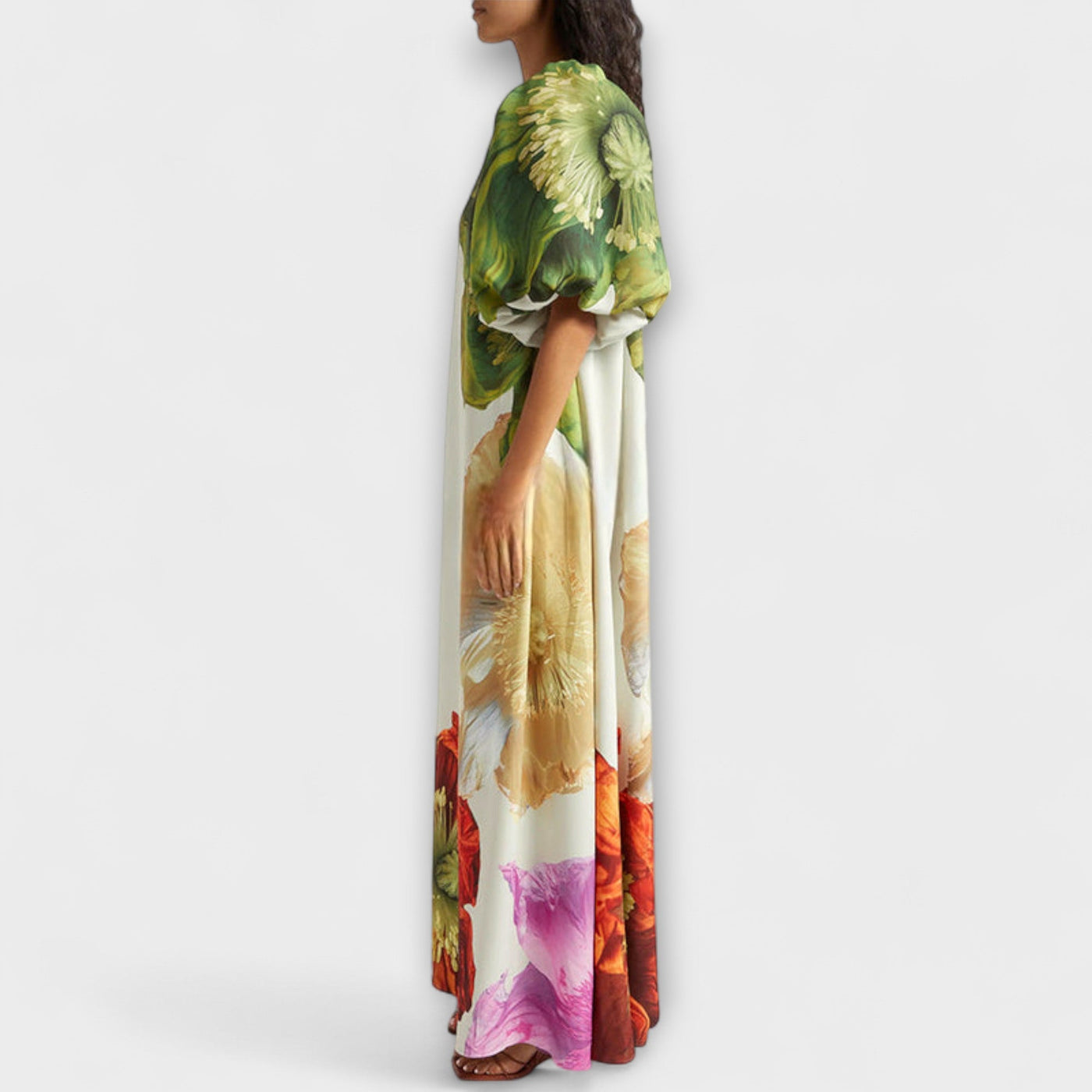 Skylar - Floral Print Maxi Dress with Asymmetrical Neckline and Puff Sleeves