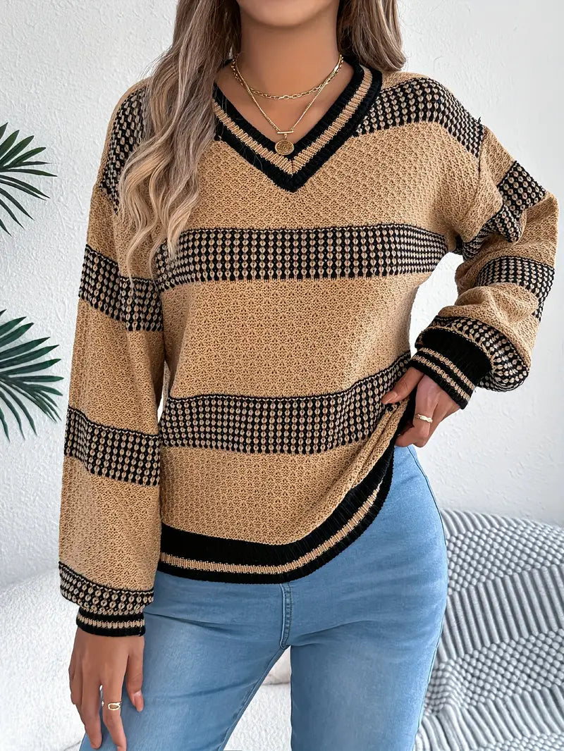 ELEGANTER GESTREIFTER V-AUSSCHNITT-PULLOVER | MODERNER STIL, HOHER KOMFORT