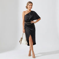 Paula | Damen Festliches One-Shoulder Midikleid in Schwarz