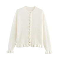 Rüschen Frauen Cardigan mit Knöpfen, Schickes Schichted Oberteil in Weiß