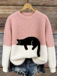 Aiste - Lässiger Pullover Mit Katzenmotiv in Rosa