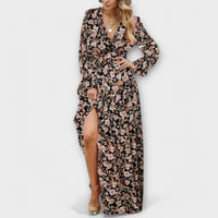 Lillian | Romantisches, transparentes Maxikleid mit floralem Design in Kaffee