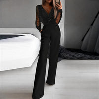 Catherina - Damen-Jumpsuit mit V-Ausschnitt und Glanzeffekt in Schwarz