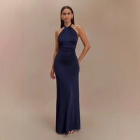 Adrianna | Damen Maxi-Halterkleid Fließend Elegant in Dunkelblau