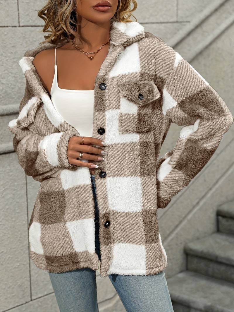 Emma – Gemütliche karierte Shacket mit Button-Down-Front | Weiche, karierte Fleece-Hemdjacke in neutralen Tönen