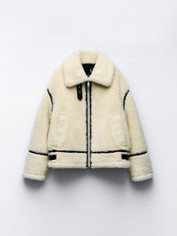 Teddy Damen Jacke Mit Kragen | Elegante Winterjacke Gefüttert in Beige