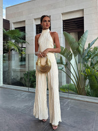 Ayla | Neckholder Plissee Zweiteiliges Set in Champagne