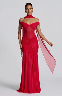 Valentina | Damen Gelber Leichter Stretch Mesh Kleid Schal in Rot
