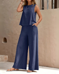 Damen Ärmelloses Freizeit Zweiteiler Set | Weite Hose in Marineblau