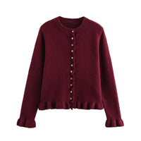 Rüschen Frauen Cardigan mit Knöpfen, Schickes Schichted Oberteil in Rot