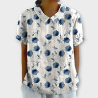 Lina | Blumenbluse aus Baumwolle und Leinen in Blau