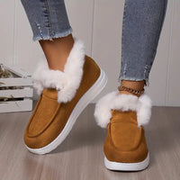 Warme Damen Winterstiefeletten – Gefütterte Slip-On Schuhe mit flacher Sohle und Kunstfell, ideal für kalte Wintertage in Khaki