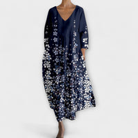 Fiona - Langes, farbenfrohes Kleid mit V-Ausschnitt in Blau