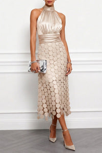 Céline | Halterneck Midi Kleid in Champagner
