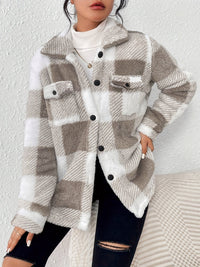 Damen-Freizeitjacke aus Fleece | Karomuster mit Knopfleiste vorne in Khaki