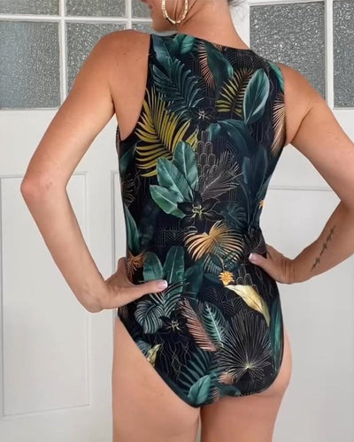 Ella - Badeanzug mit kräftigem tropischem Blumenmuster | Tiefer V-Ausschnitt mit Frontreißverschluss Badeanzug