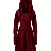 Damen Halloween-Kleid mit Kapuze | Schnürung & Asymmetrischer Saum in Burgunderrot