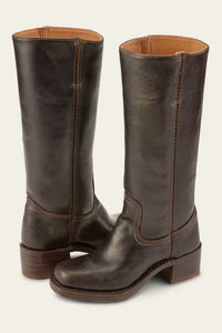 Damen Lederstiefel – Klassische Kniehohe Stiefel mit Blockabsatz aus Echtleder in Dunkelbraun