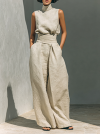 Carlotta | Ärmelloses Blusen Hosen Ensemble in Khaki