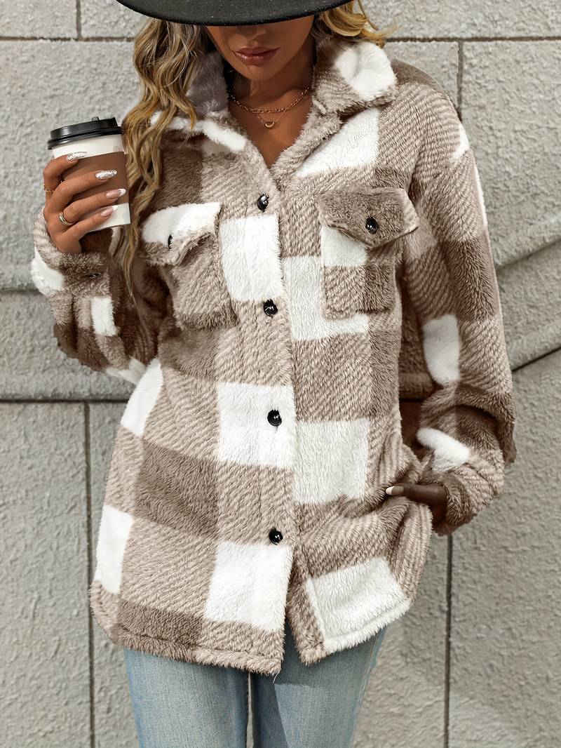 Emma – Gemütliche karierte Shacket mit Button-Down-Front | Weiche, karierte Fleece-Hemdjacke in neutralen Tönen
