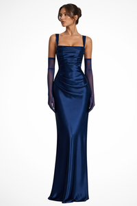 Mona | Damen Elegantes Square Neck Hochzeitsgäst Maxikleid in Marineblau