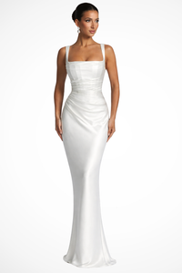 Mona | Damen Elegantes Square Neck Hochzeitsgäst Maxikleid in Weiß