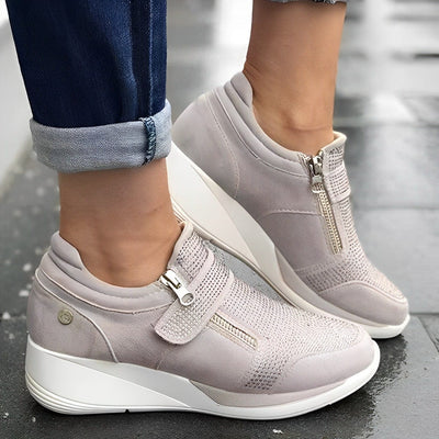 Bequeme Damen-Sneaker mit Keilabsatz – Atmungsaktive Freizeitschuhe mit Reißverschluss und Klettverschluss, ideal für den Alltag