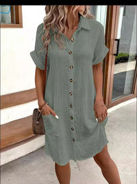 Buttoned Short Sleeve Pocket Casual Shirt Dress in Olive