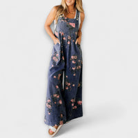 Bethany - Blumenmuster Weite Denim Latzhose in Dunkelblau