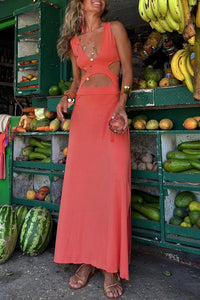 Angelica | Druck Ausschnitt Design Schlitz Stretch Kleid in Orange