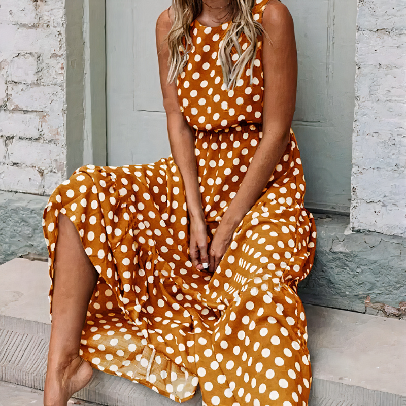 Damen ärmelloses Vintage-Kleid mit Polka-Dots | Maxi