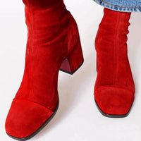 Lena | Damen Ankle Boots Velours Blockabsatz Leopardenmuster Kappe Reißverschluss in Rot