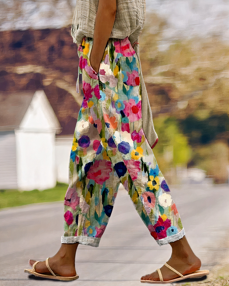 Damen bequeme Hose mit Blumenmuster | Sommer