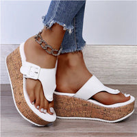 Marie | Damen Bequeme Sandalen Kork-Keilabsatz Zehentrenner Schleife in Weiß