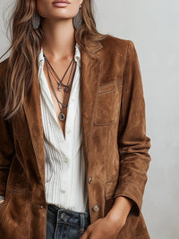 Emilia | Damen Cardigan Blazer Kunstwildleder Tailored-Fit Knopfleiste in Braun
