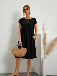 Leonie | Damen Elegante Kurzärmliges Kleid | Midi in Schwarz