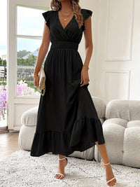 Leonie | Damen Cocktail Party Dress Rüschen V-Ausschnitt Tailliertes Maxi Kleid in Schwarz