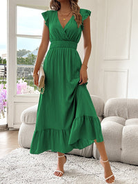 Leonie | Damen Cocktail Party Dress Rüschen V-Ausschnitt Tailliertes Maxi Kleid in Smaragdgrün