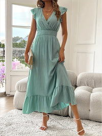 Leonie | Damen Cocktail Party Dress Rüschen V-Ausschnitt Tailliertes Maxi Kleid in Hellgrün