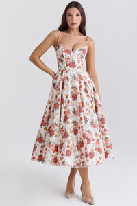Annika | Damen Cocktailkleid Midi Schwingrock Bügelcup Trägerkleid in Blume