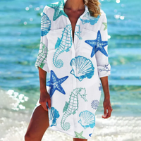 Miriam | Damen Elegant Hemd Kleid | Langarm in Blaues Seepferdchen